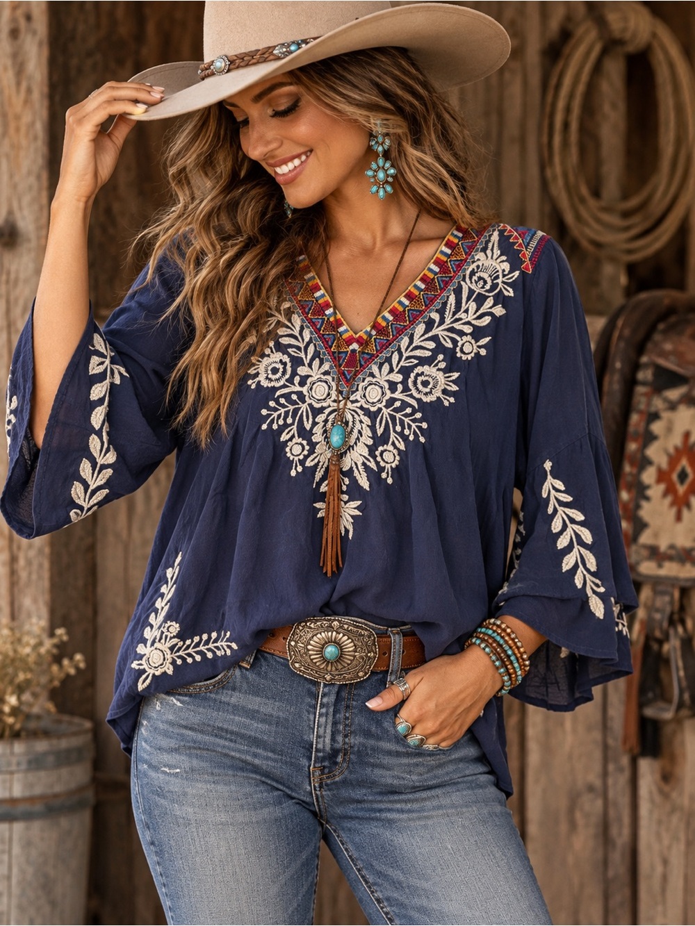 Johnny Was Workshop L Blue Silk Embroidered Boho Western Bell Sleeve Top